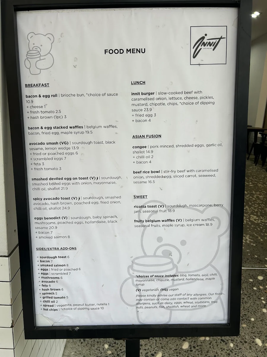 Menu, Innit Cafe and Bar