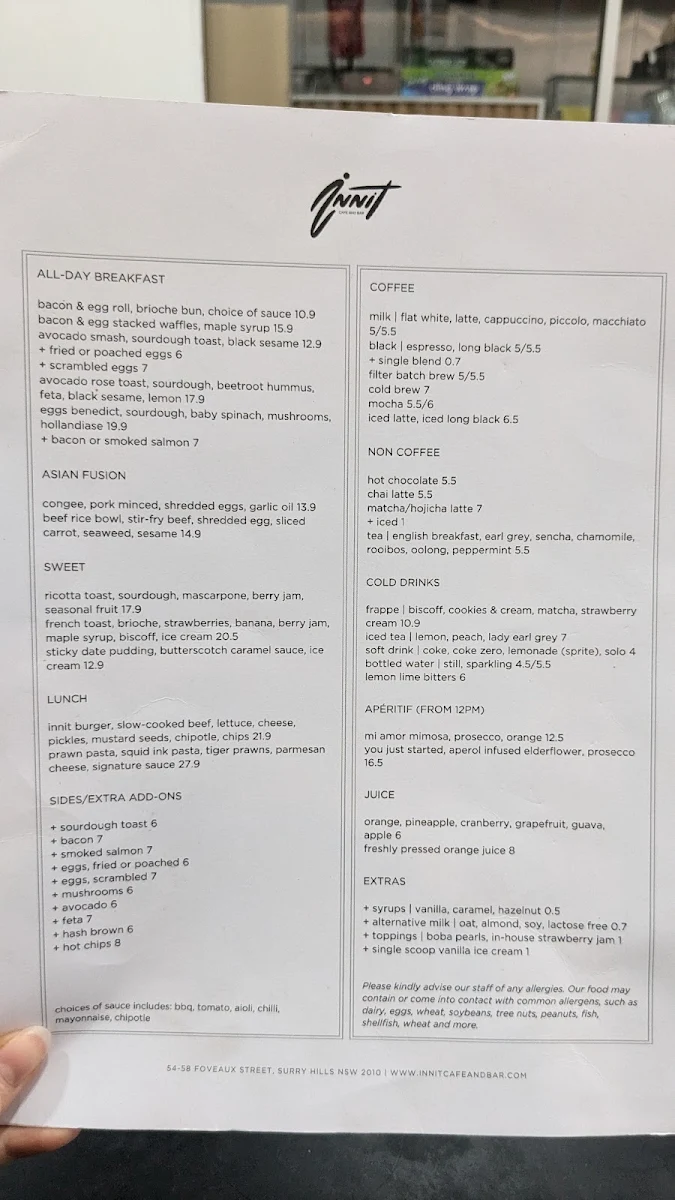 Menu, Innit Cafe and Bar