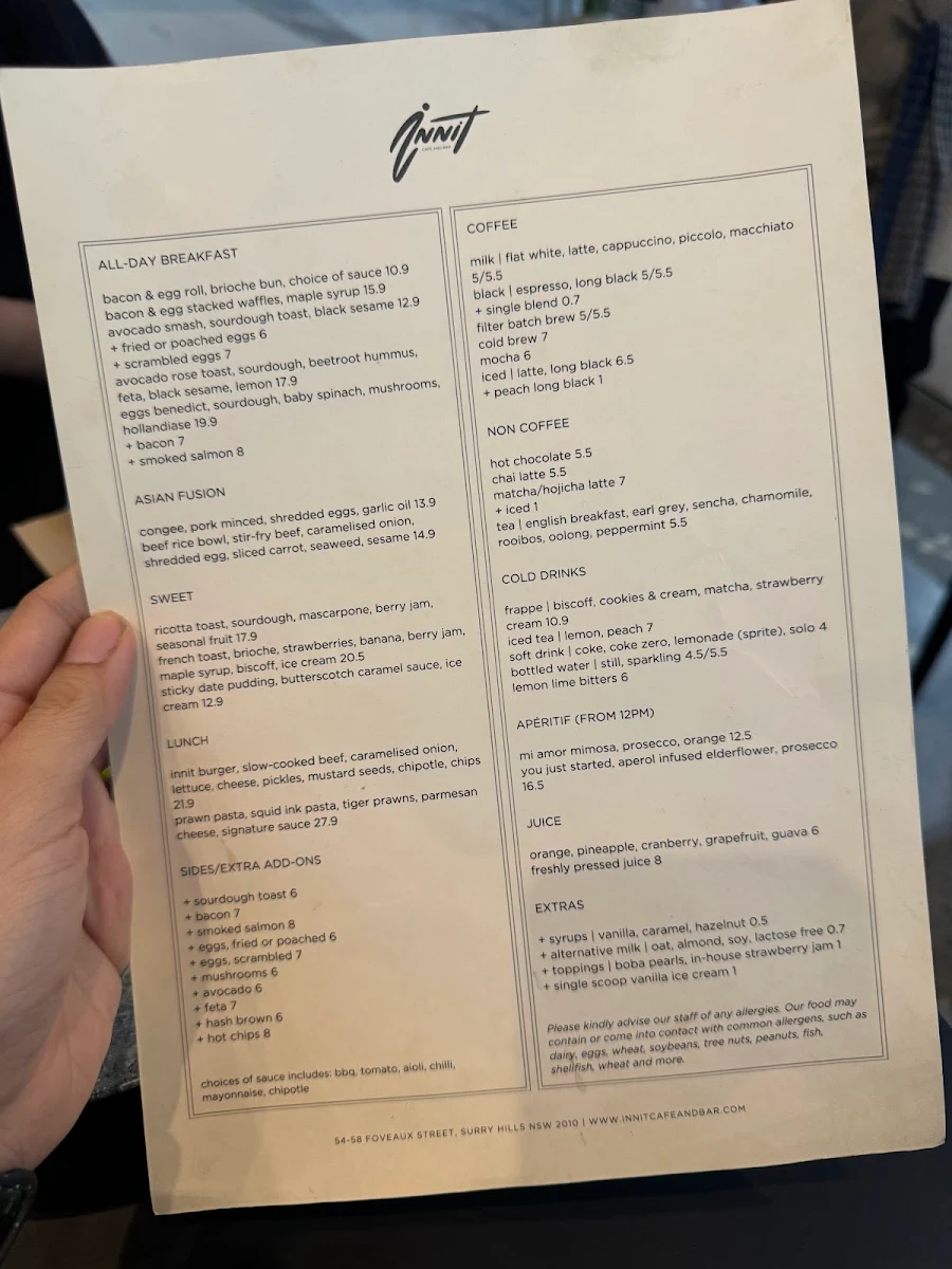 Menu, Innit Cafe and Bar