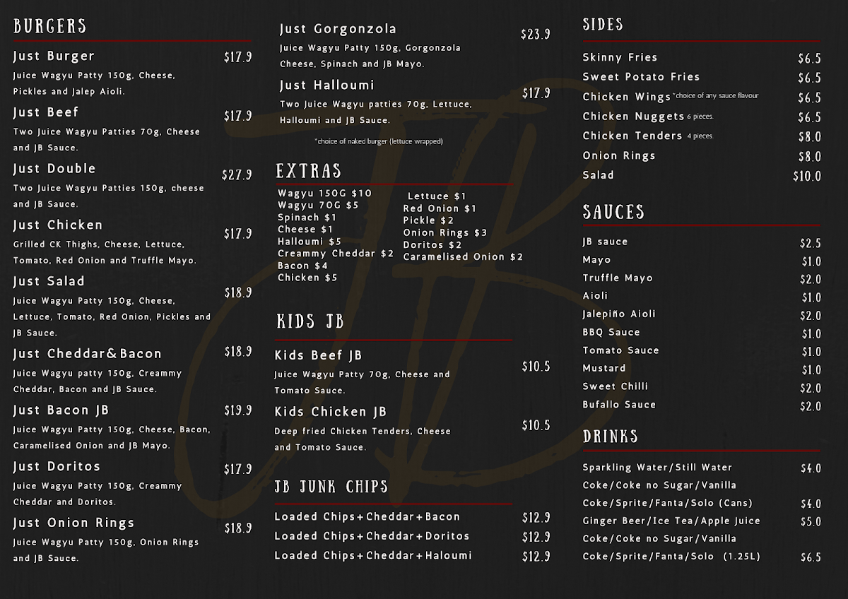 Menu, Just Burger JB