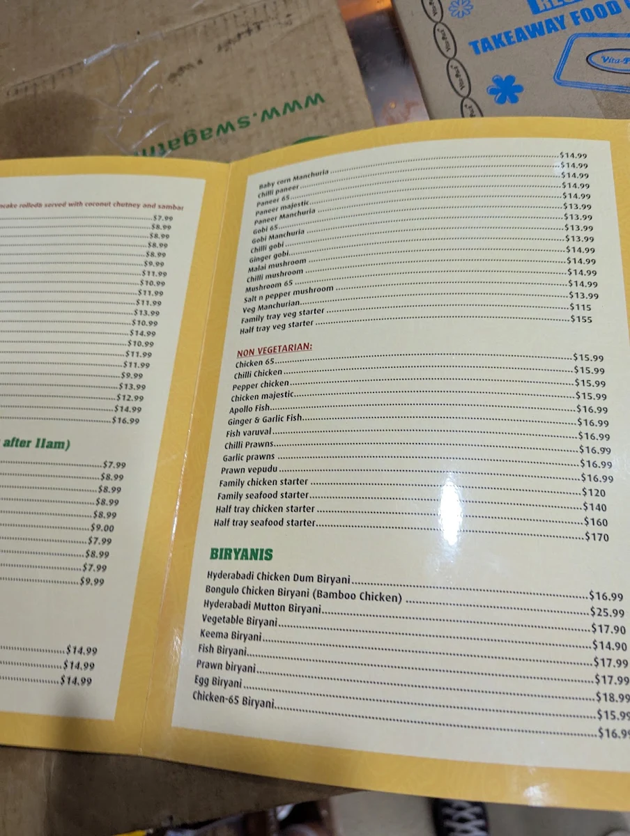 Menu, Swagath Biryani House
