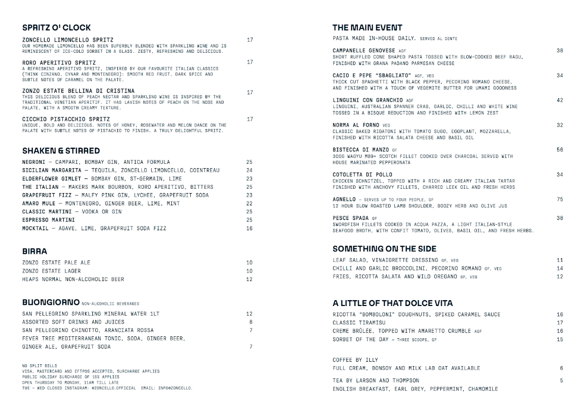 Menu, Zoncello Yarra Valley