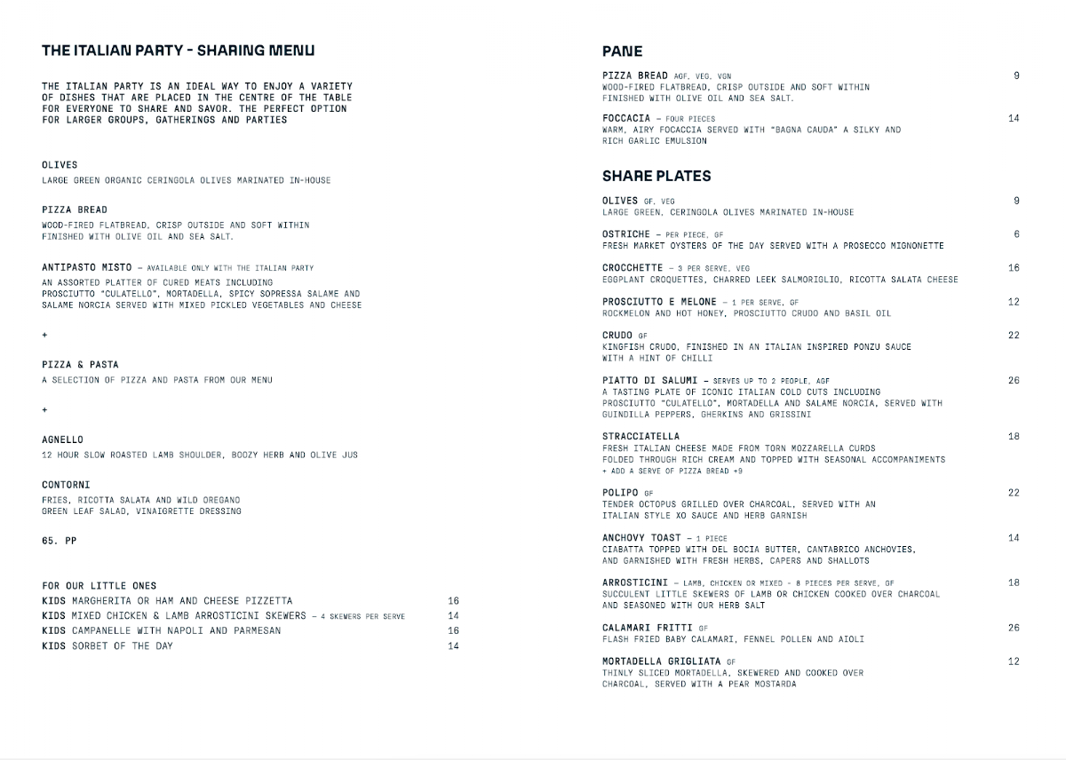 Menu, Zoncello Yarra Valley