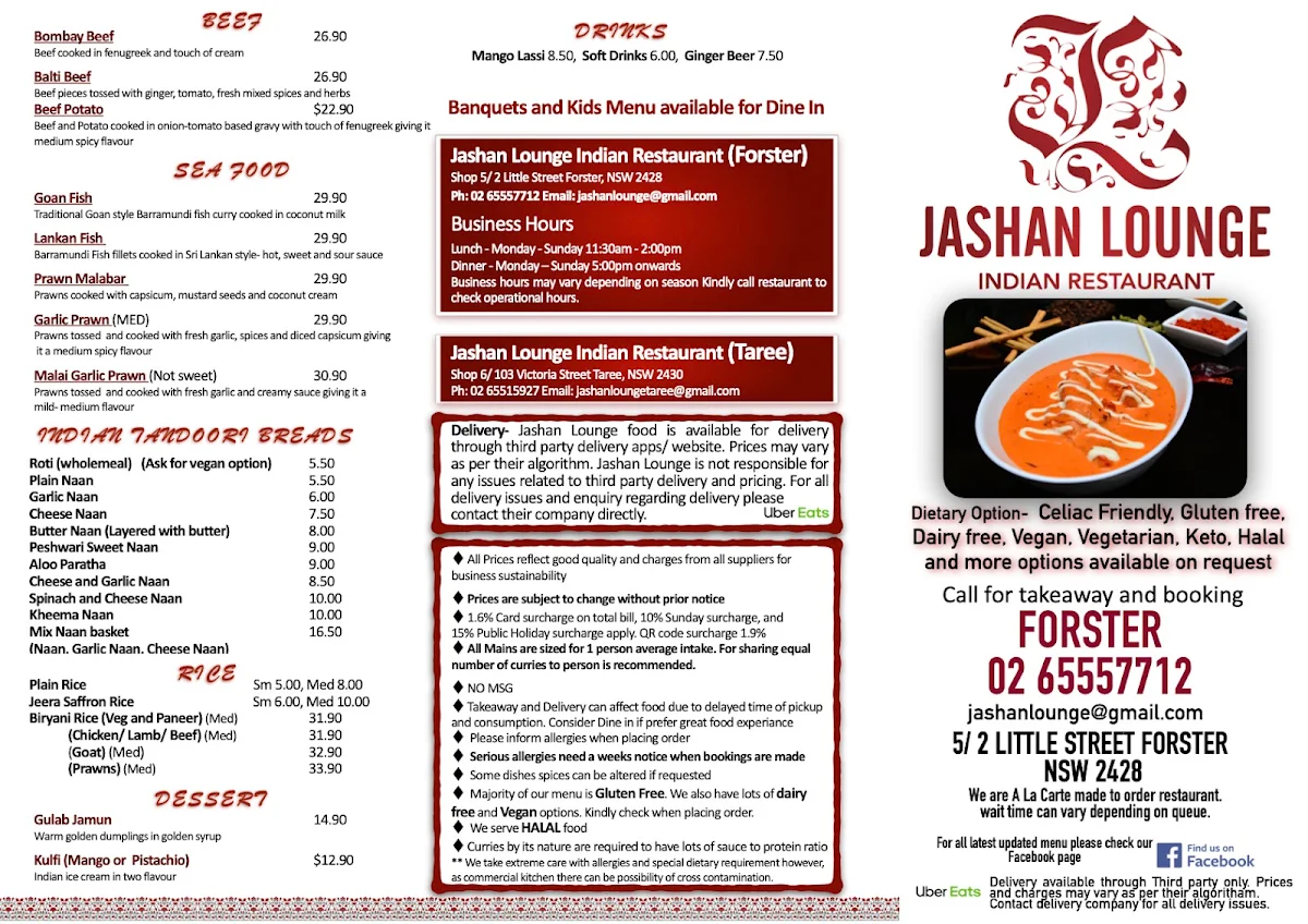 Menu, Jashan Lounge Indian Restaurant Forster