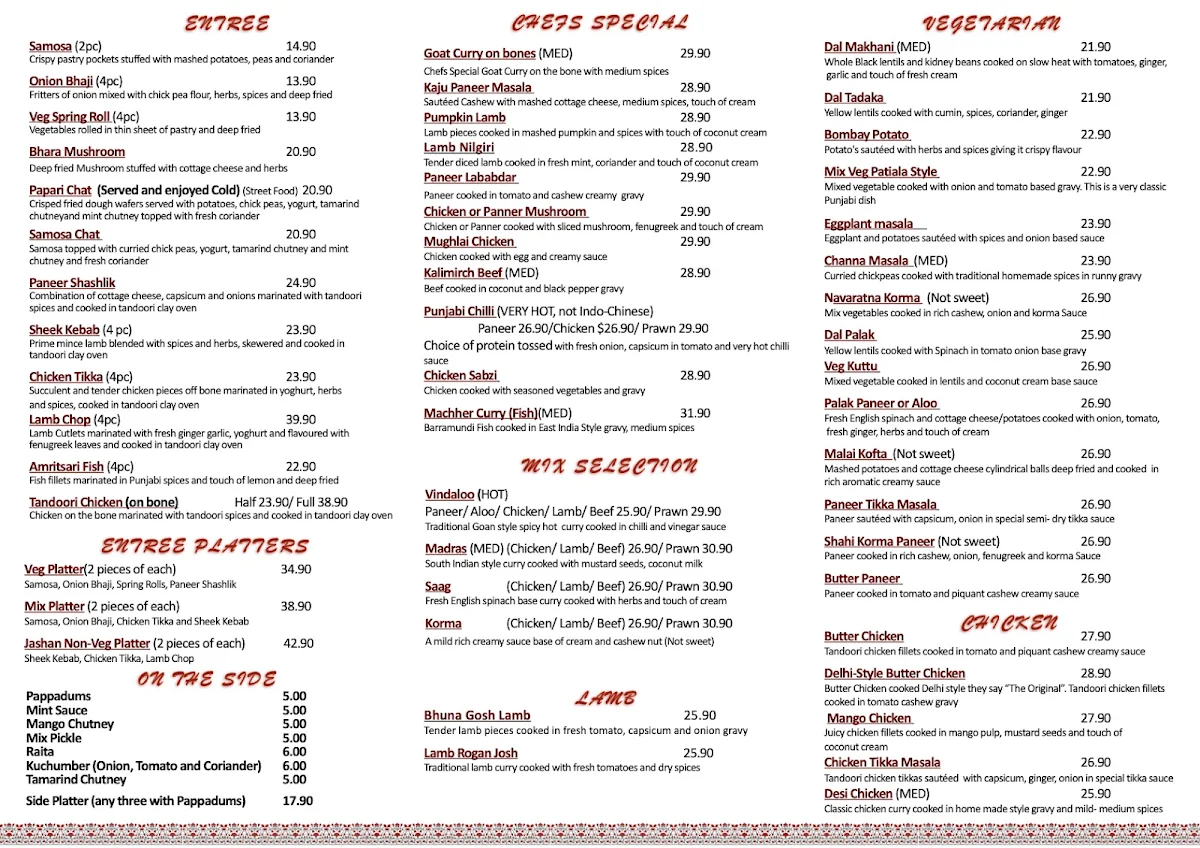 Menu, Jashan Lounge Indian Restaurant Forster