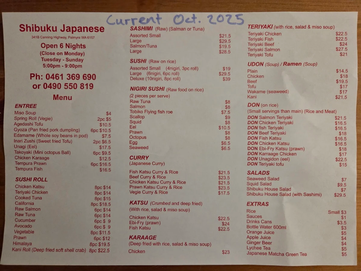 Menu, Shibuku Japanese Palmyra