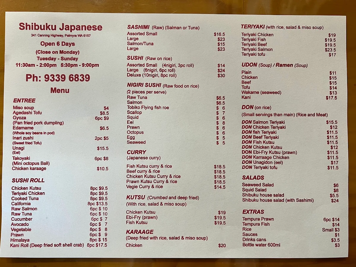 Menu, Shibuku Japanese Palmyra