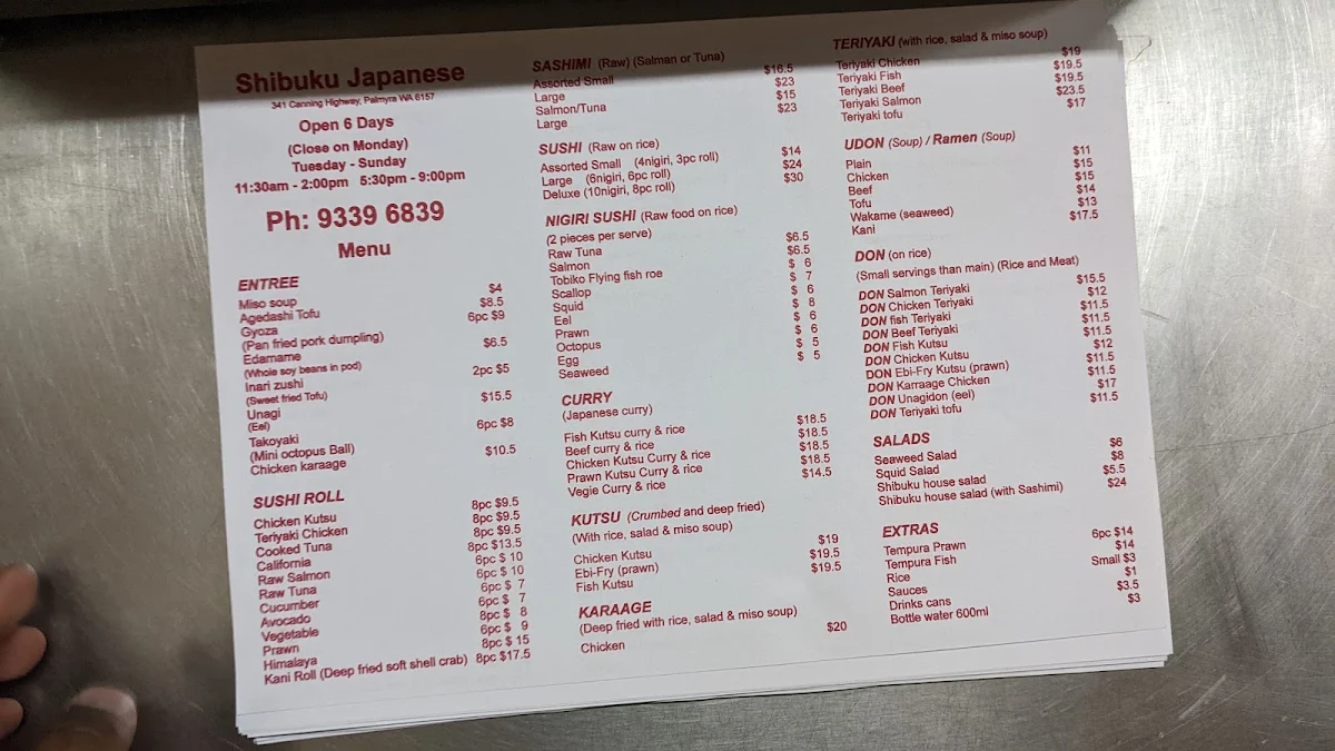 Menu, Shibuku Japanese Palmyra