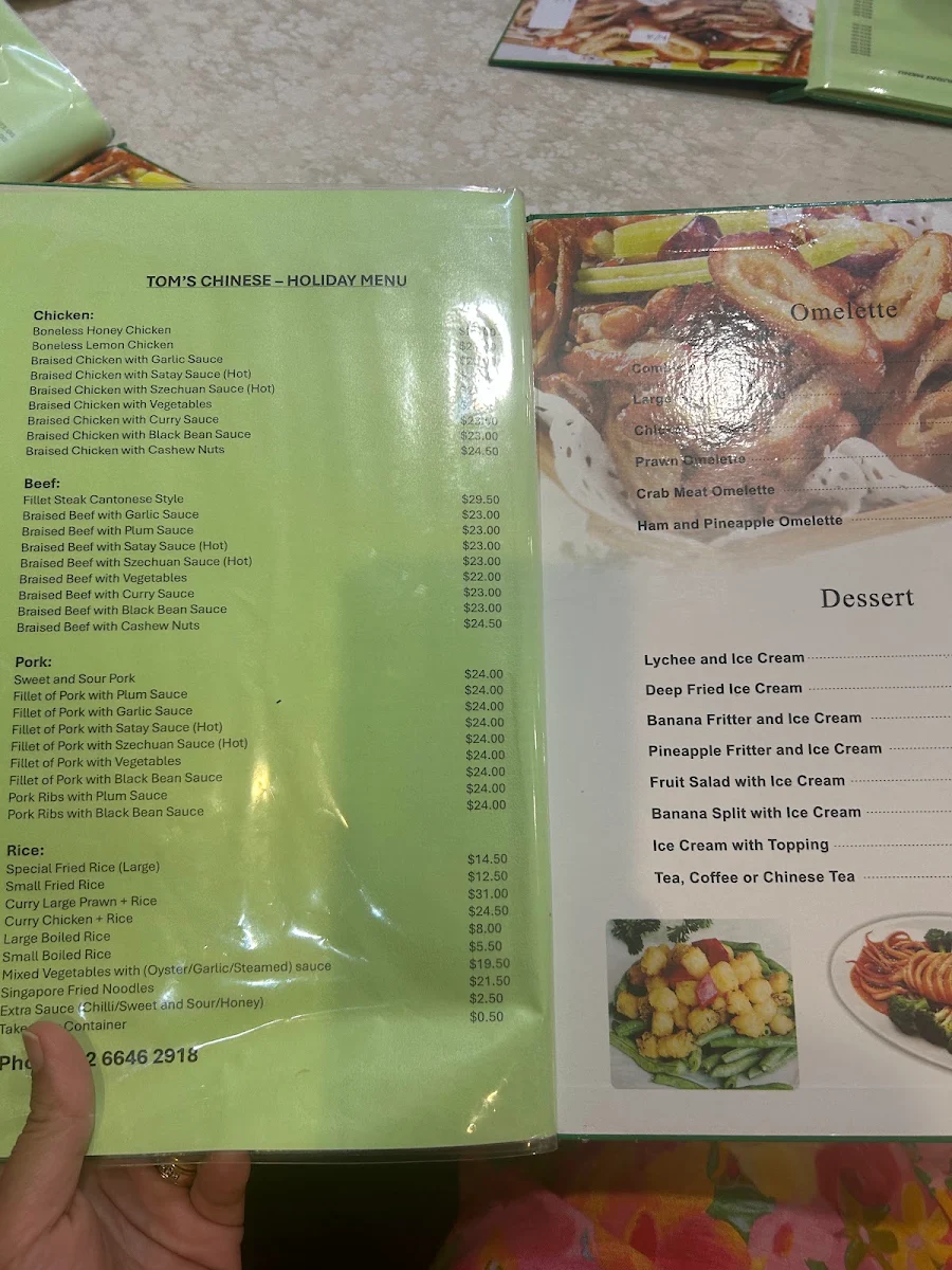 Menu, Tom's Seafood Chinese Restaurant