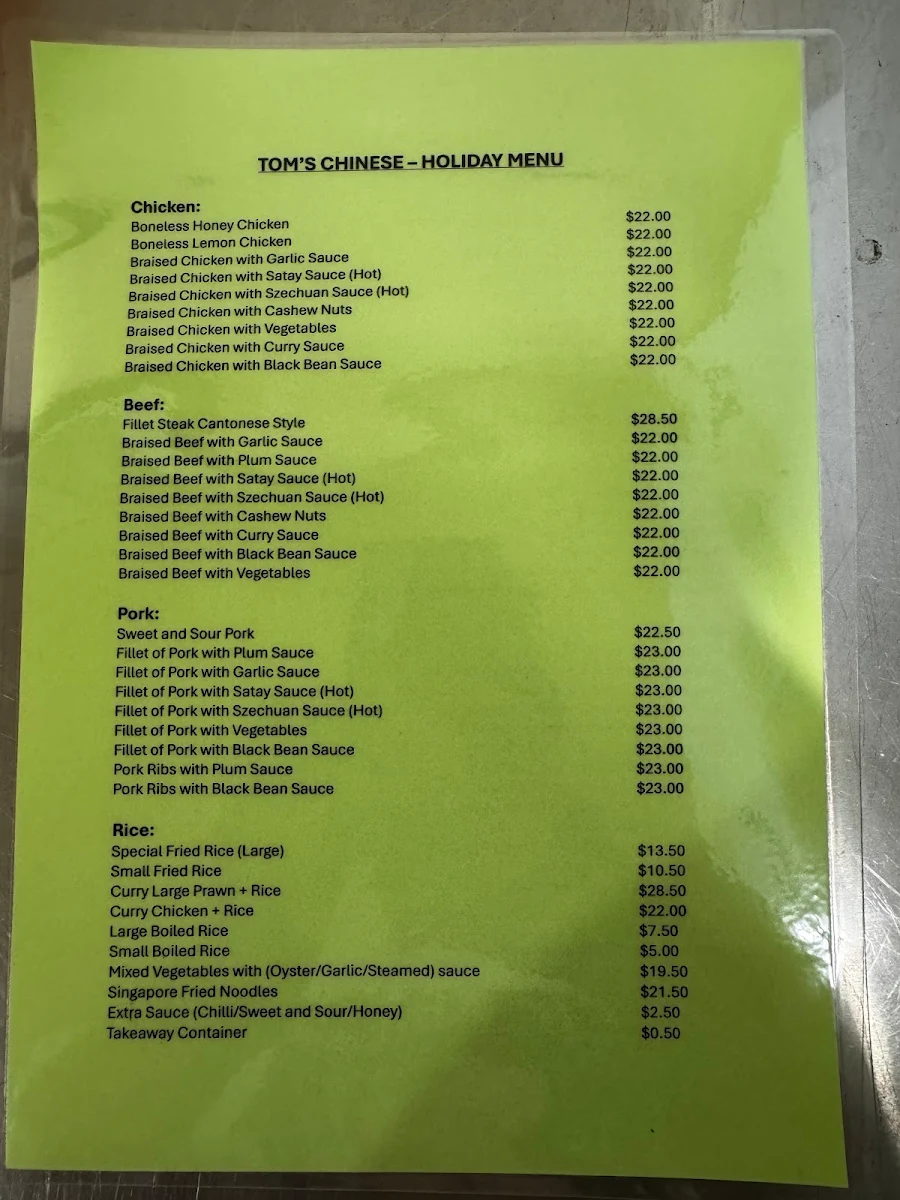 Menu, Tom's Seafood Chinese Restaurant