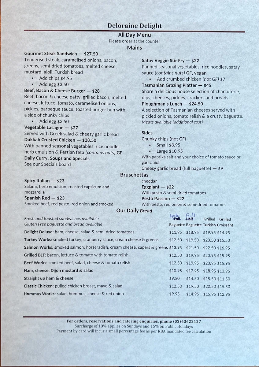 Menu, Deloraine Delight