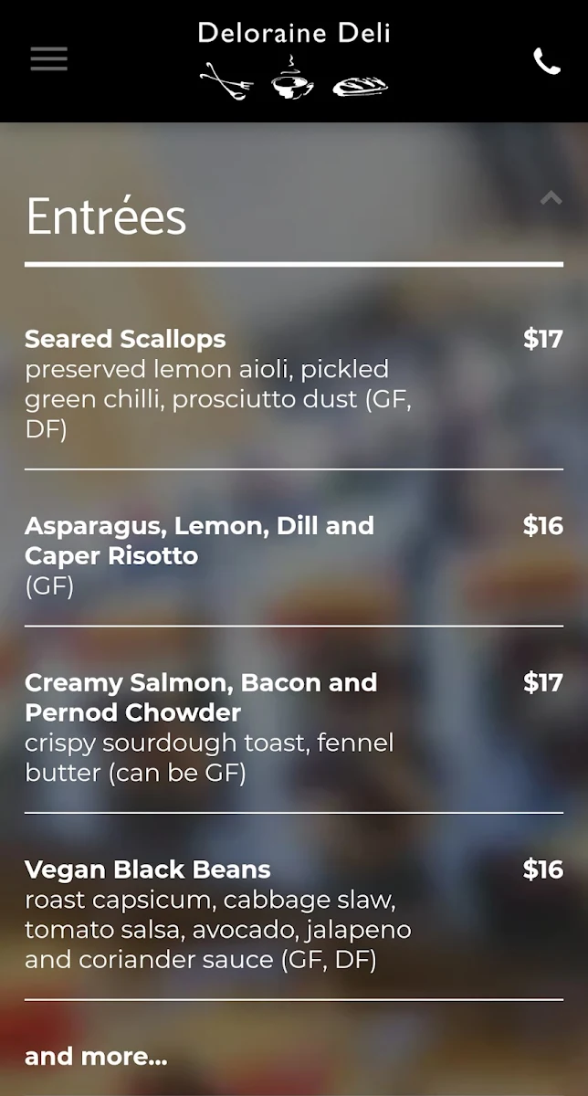 Menu, Deloraine Delight