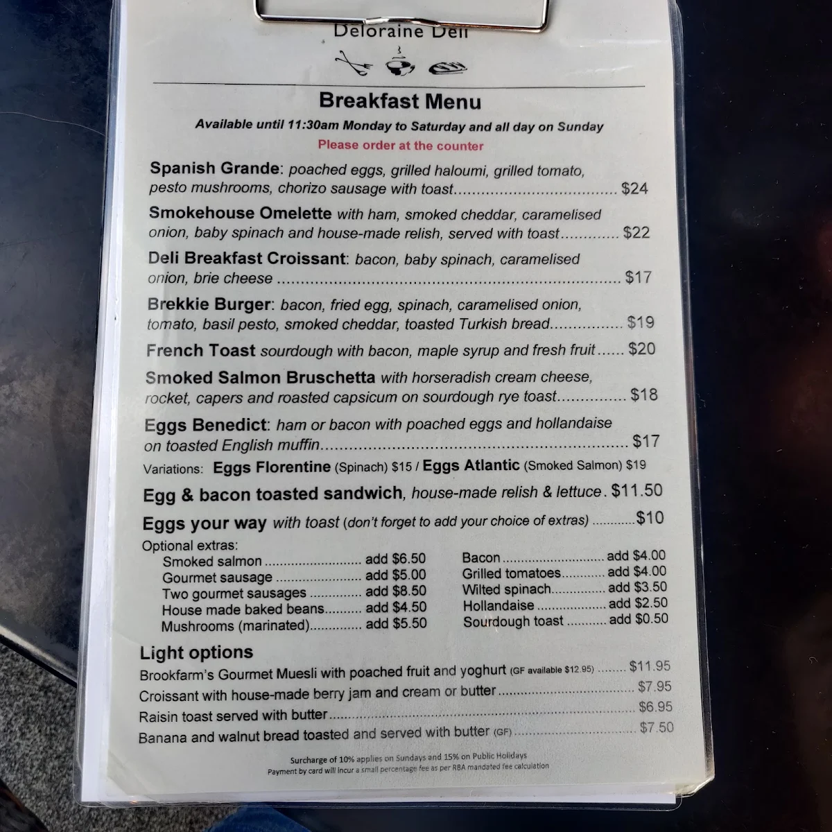 Menu, Deloraine Delight