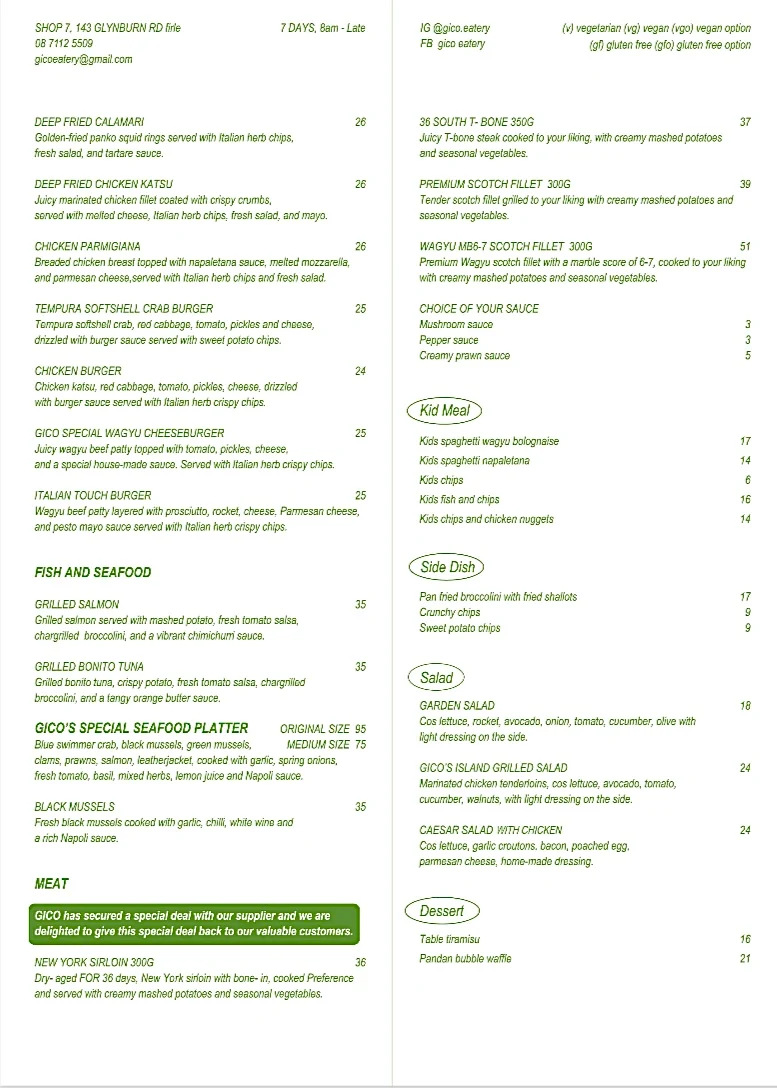Menu, Gico Eatery