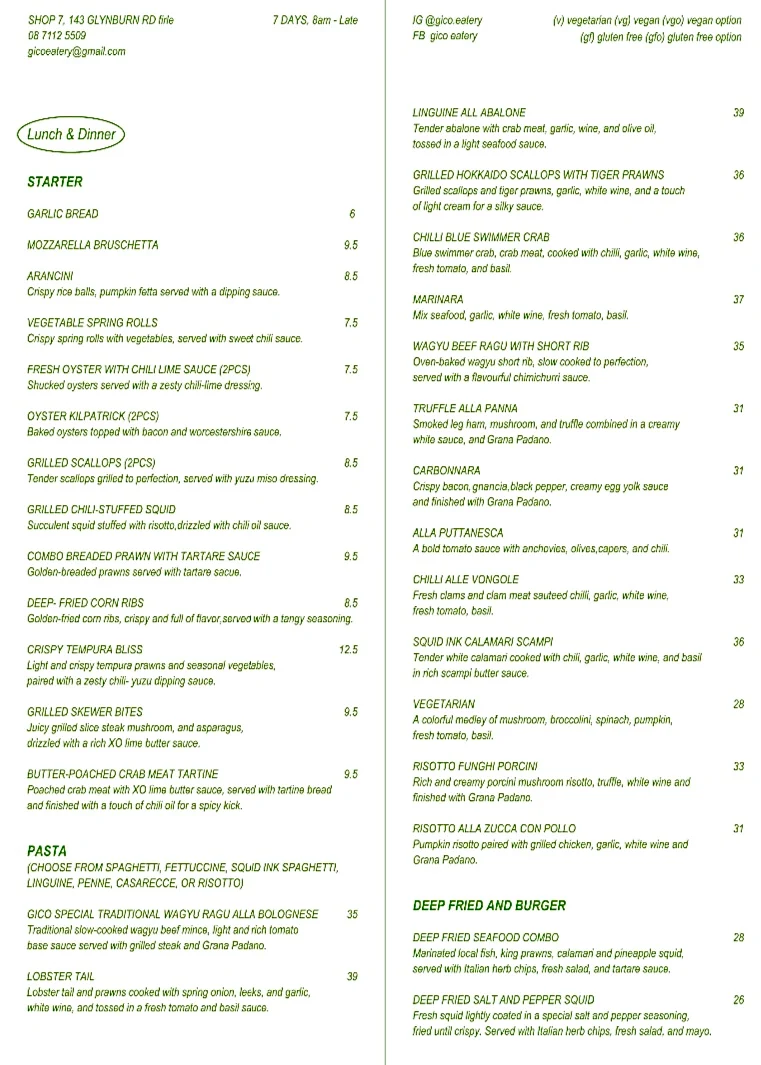 Menu, Gico Eatery