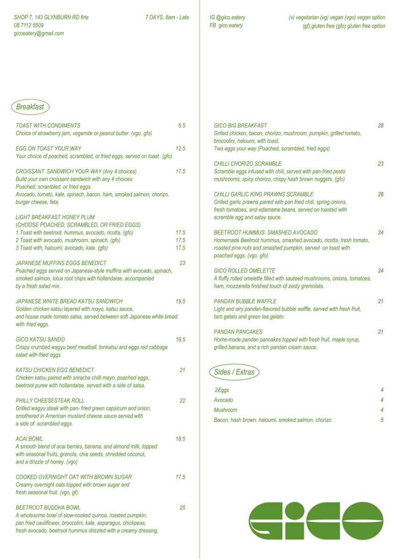 Menu, Gico Eatery