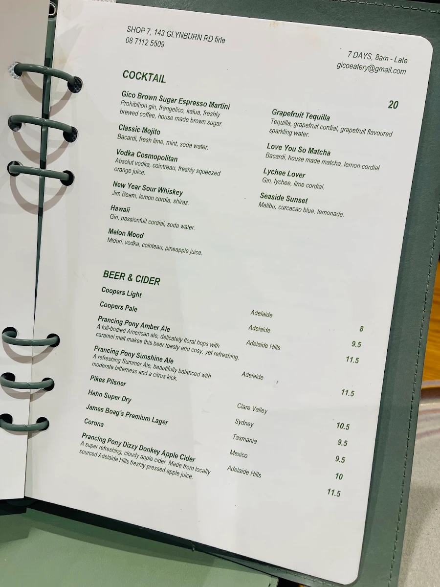 Menu, Gico Eatery