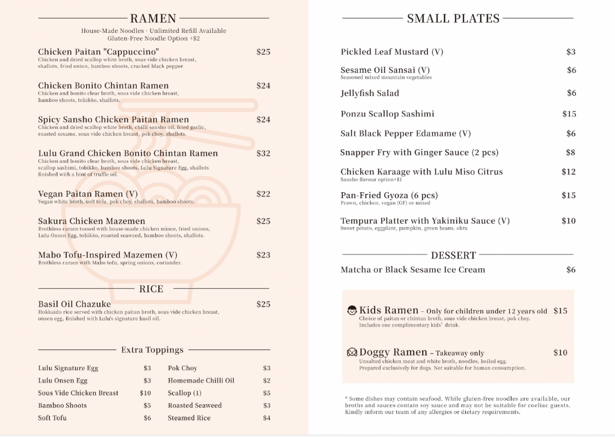 Menu, Lulu Ramen