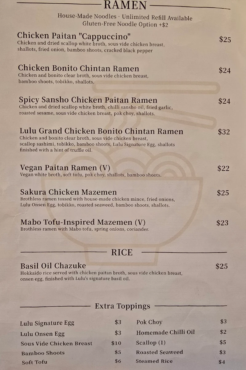 Menu, Lulu Ramen