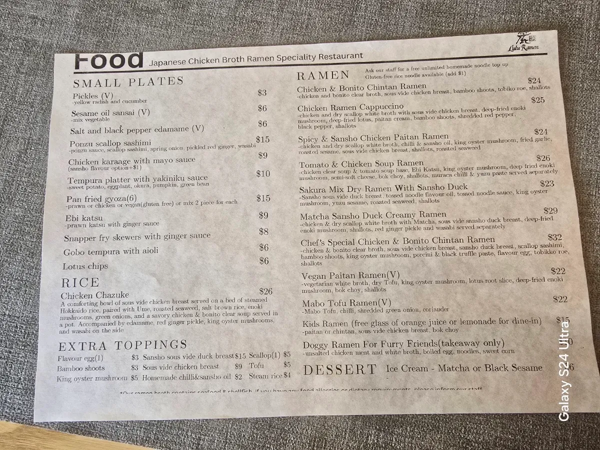 Menu, Lulu Ramen