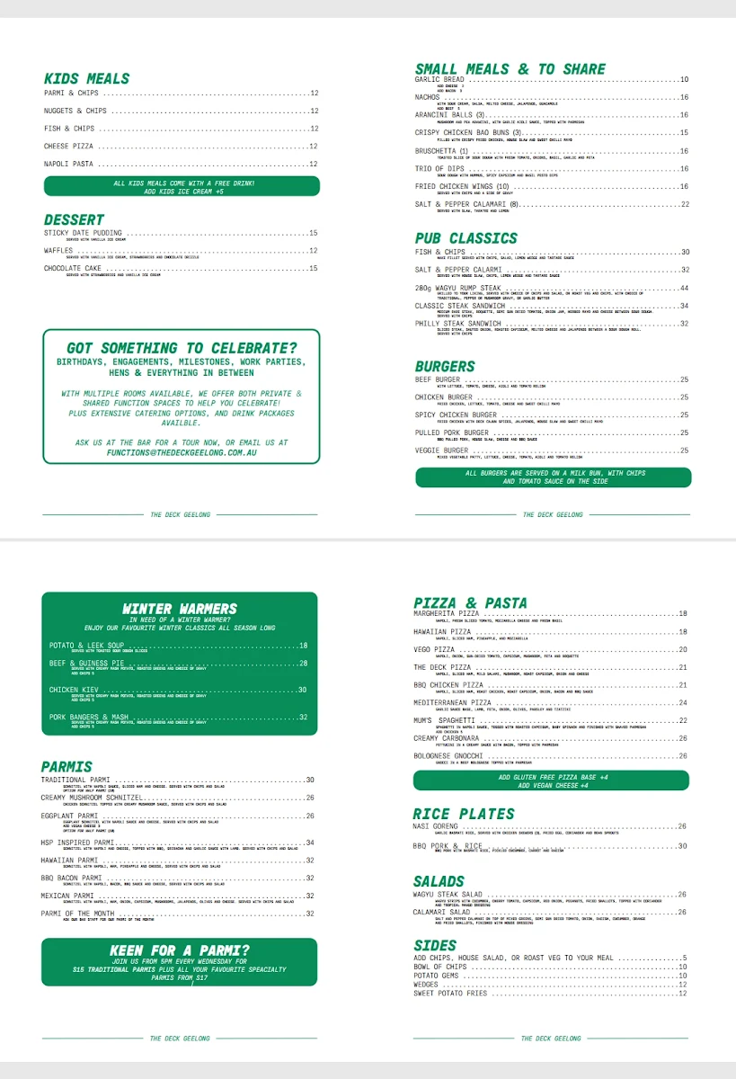 Menu, The Deck Geelong