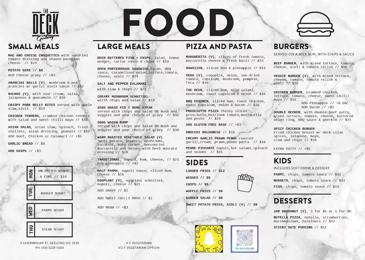 Menu, The Deck Geelong
