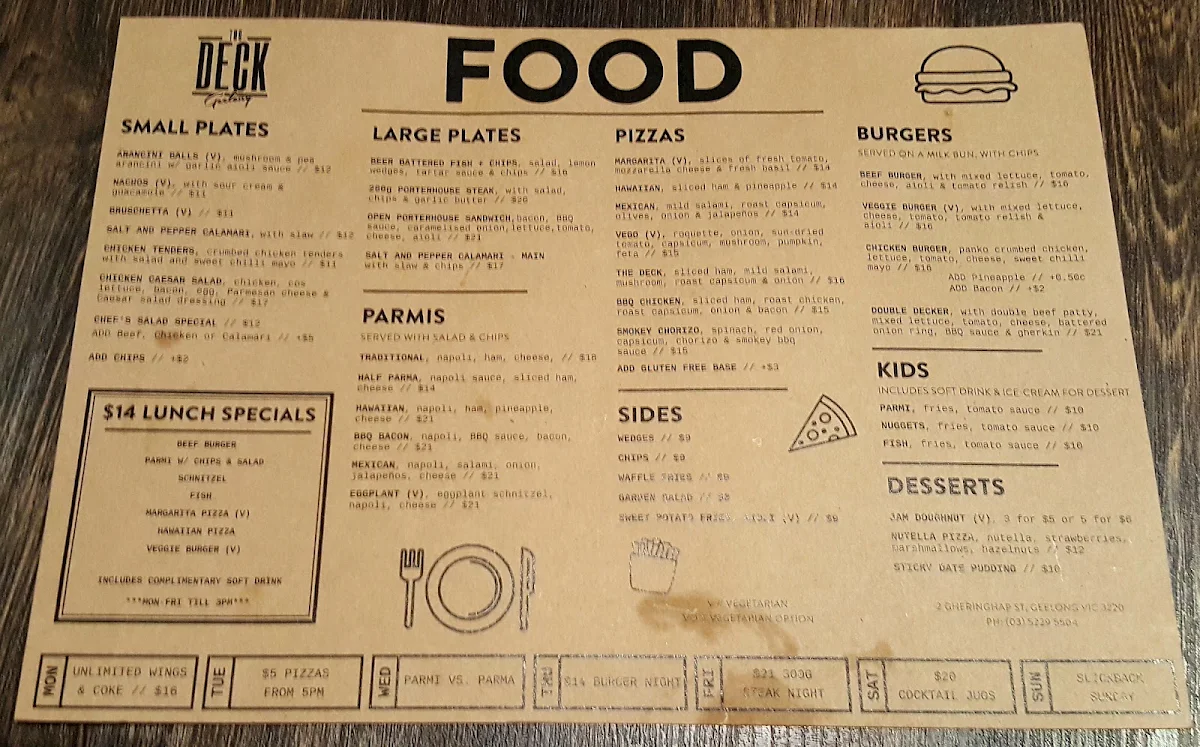 Menu, The Deck Geelong