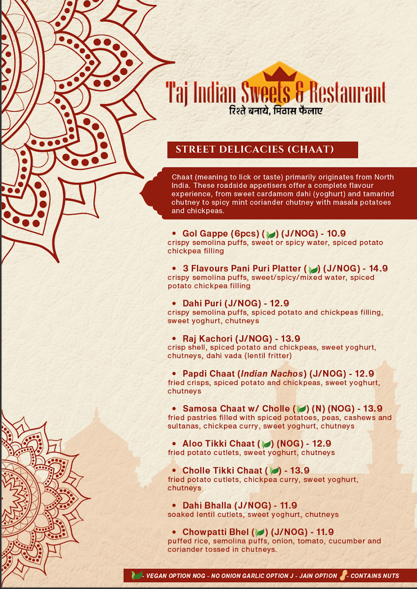 Menu, Taj Indian Sweets & Restaurant Surry Hills