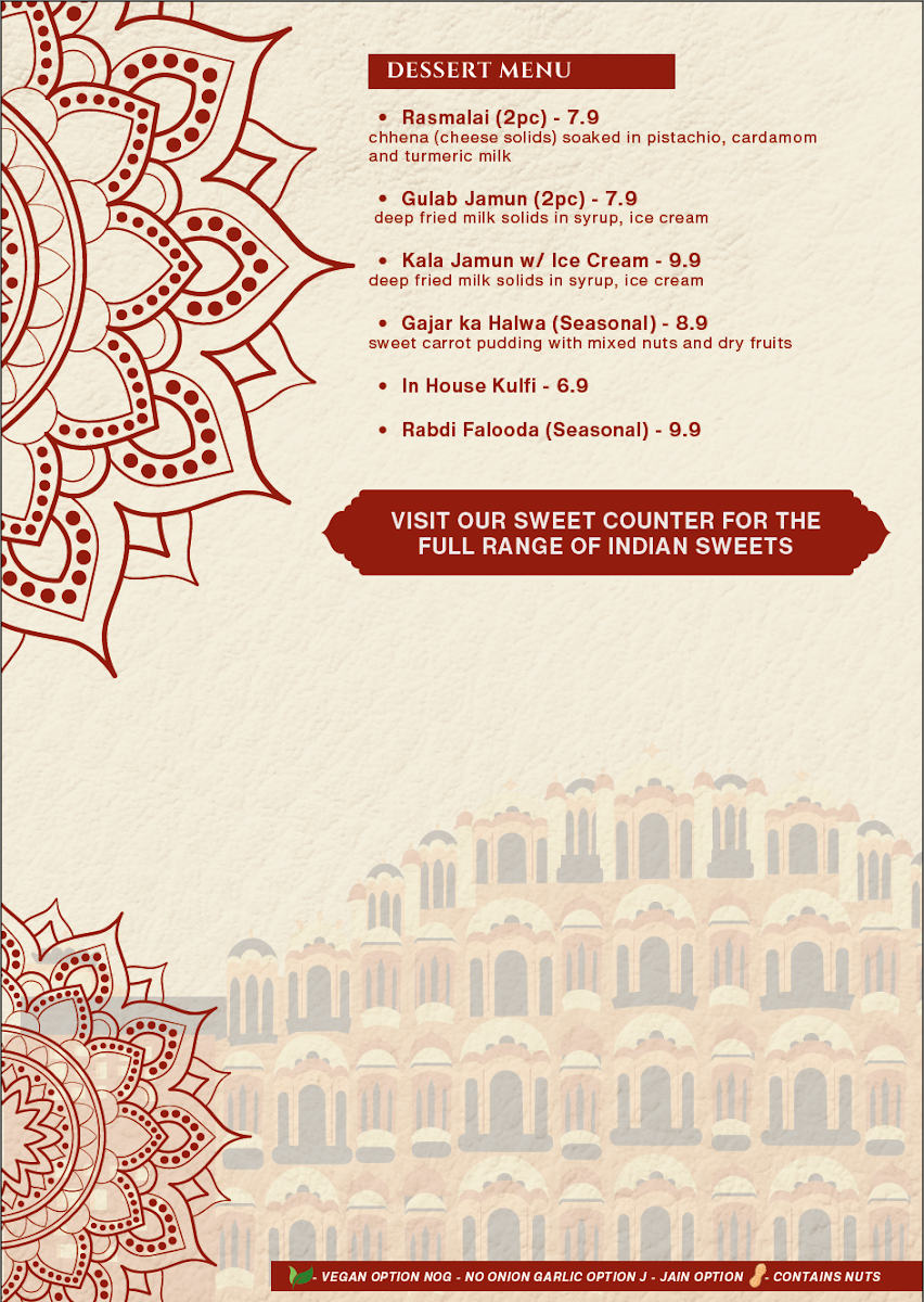 Menu, Taj Indian Sweets & Restaurant Surry Hills