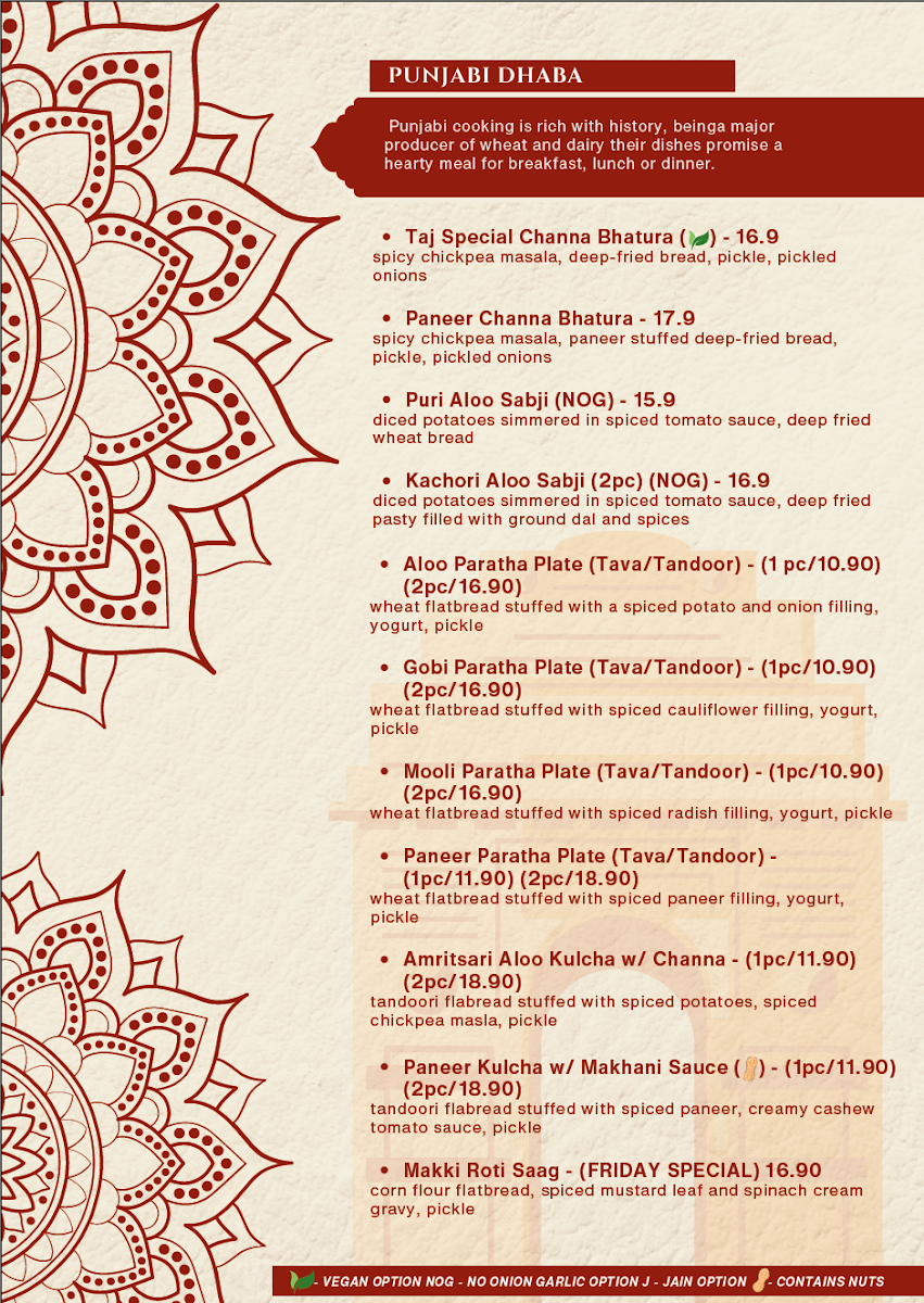 Menu, Taj Indian Sweets & Restaurant Surry Hills