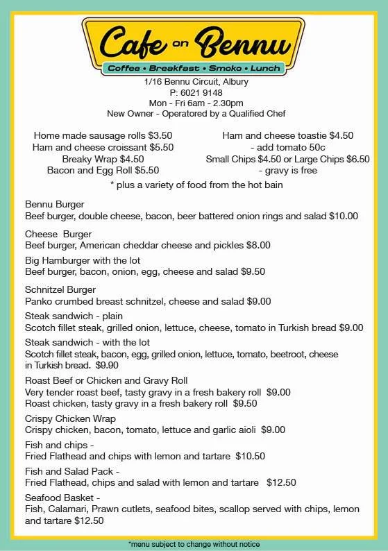 Menu, Cafe on Bennu