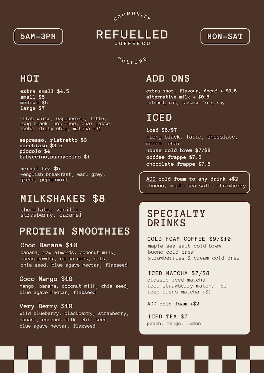 Menu, Refuelled Coffee Co.