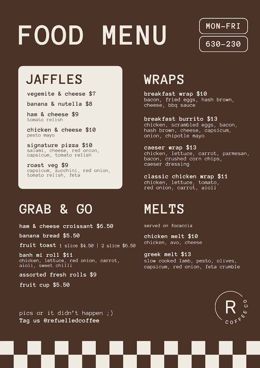 Menu, Refuelled Coffee Co.