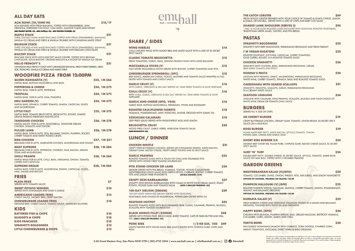 Menu, XS Espresso Emu Plains