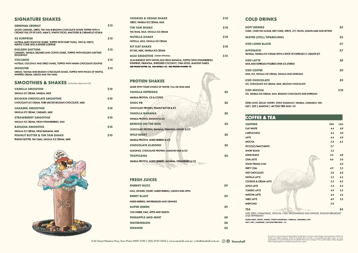 Menu, XS Espresso Emu Plains