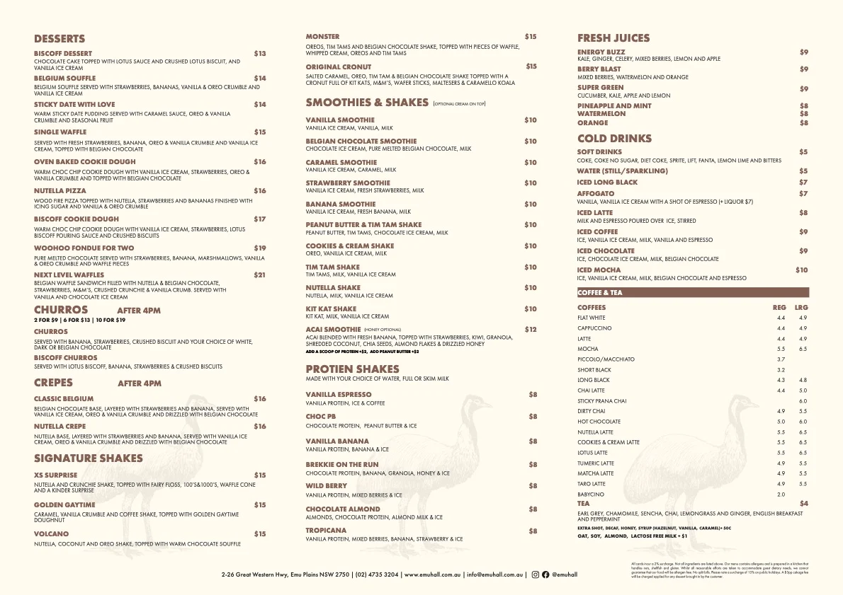 Menu, XS Espresso Emu Plains