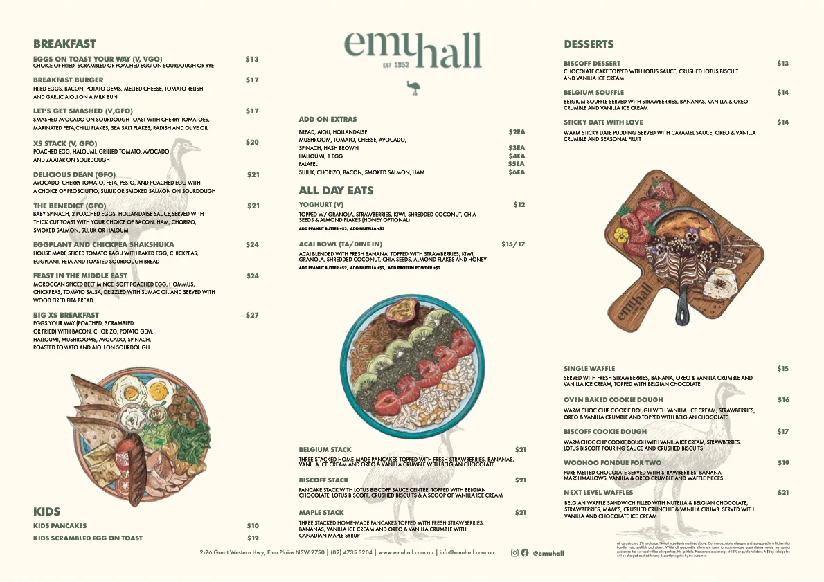 Menu, XS Espresso Emu Plains