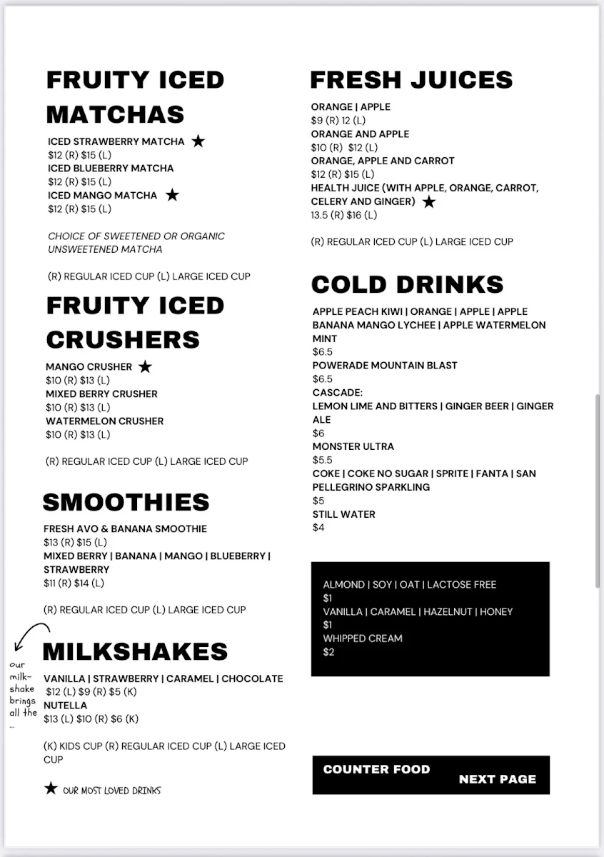 Menu, Chambers fine coffee @ Macquarie Kiosk
