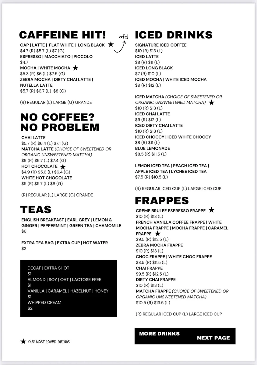Menu, Chambers fine coffee @ Macquarie Kiosk