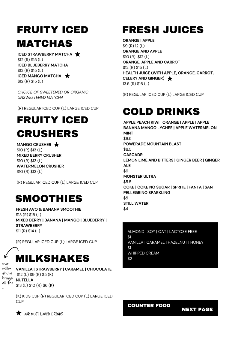 Menu, Chambers fine coffee @ Macquarie Kiosk