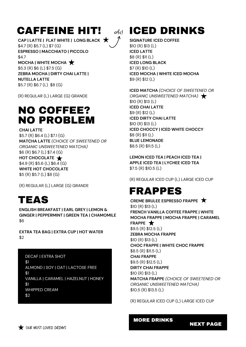 Menu, Chambers fine coffee @ Macquarie Kiosk