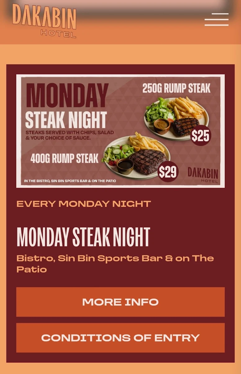 Menu, Dakabin Hotel
