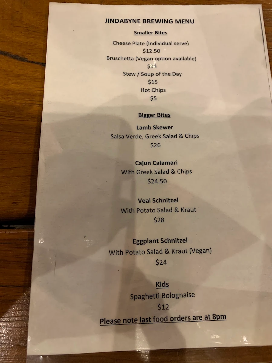 Menu, Jindabyne Brewing