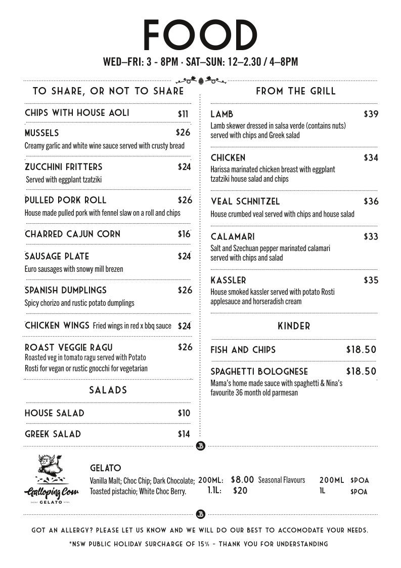 Menu, Jindabyne Brewing