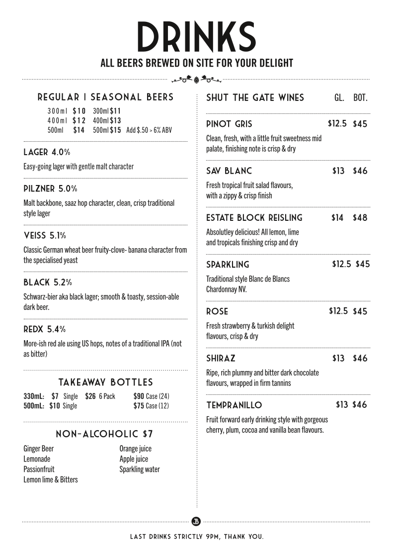 Menu, Jindabyne Brewing