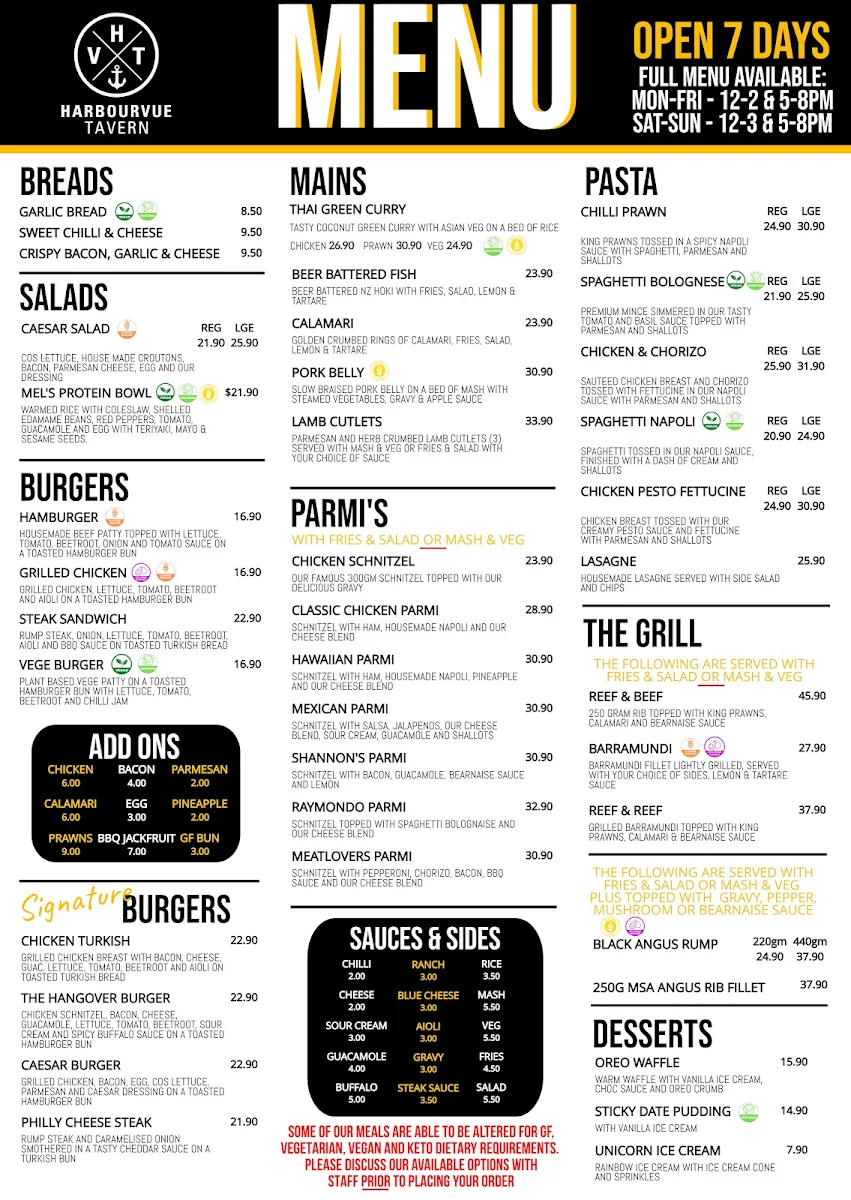 Menu, HarbourVue Tavern
