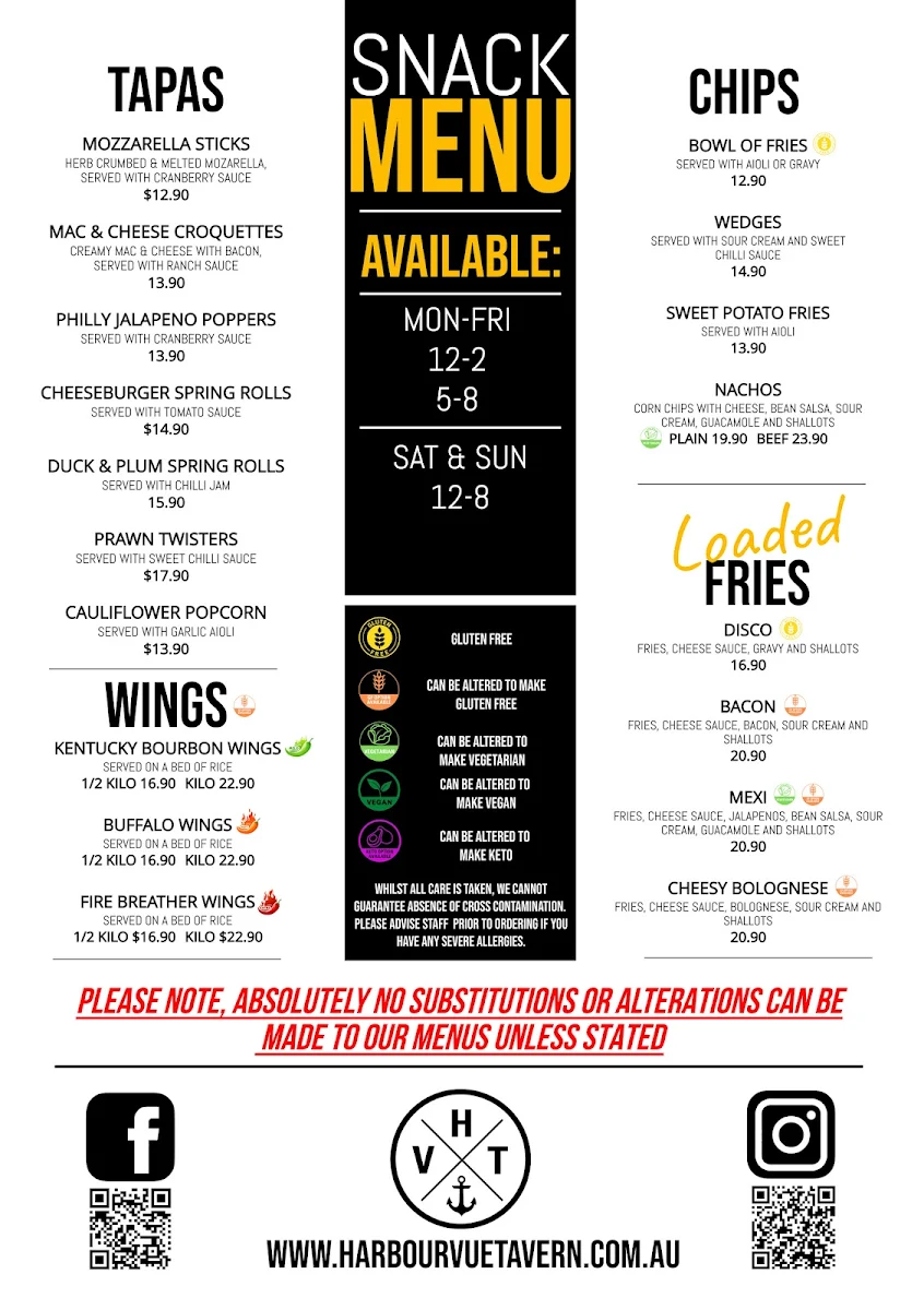 Menu, HarbourVue Tavern