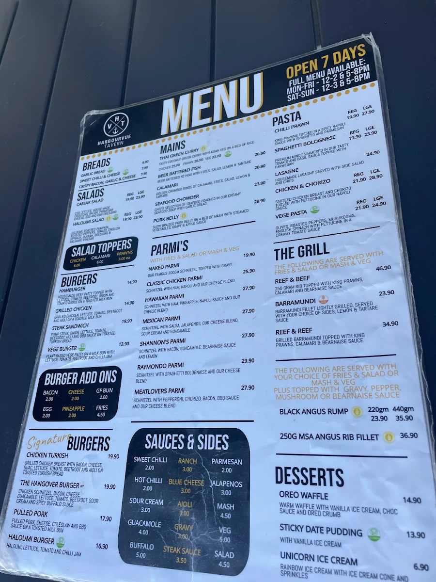 Menu, HarbourVue Tavern