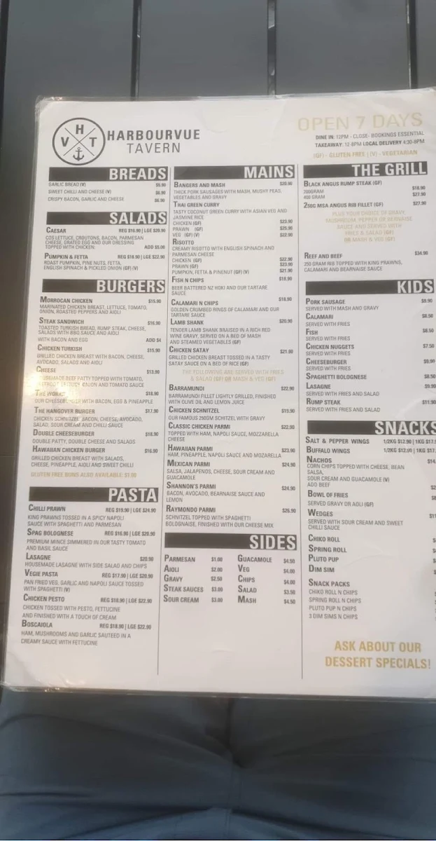 Menu, HarbourVue Tavern