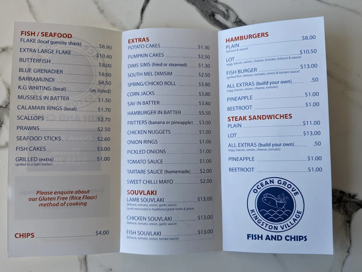Menu, Kingston Village Fish & Chips Ocean Grove